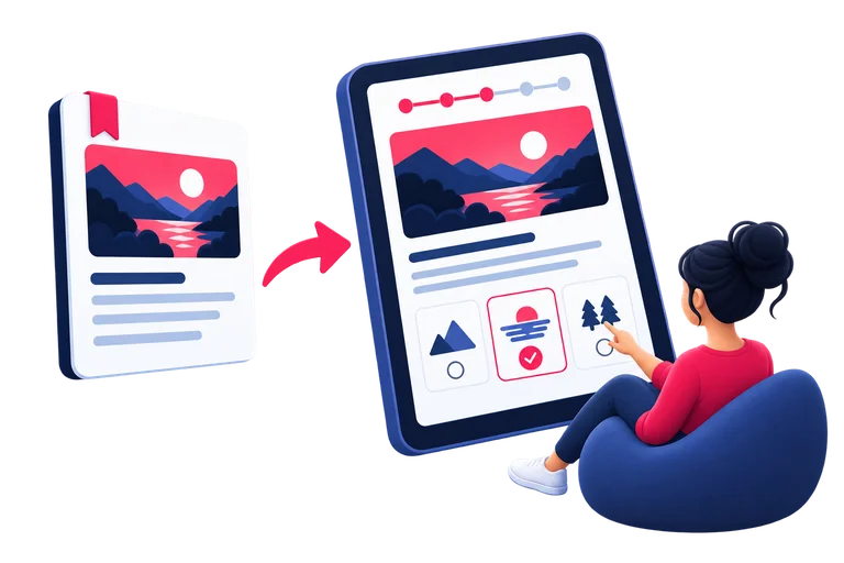 Printed content is prepared for interactive use on a tablet.