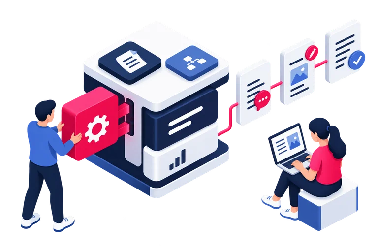 A team assembles software components into an application with documents and checks.