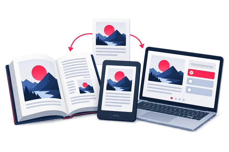 Shared content appears in a book, on a smartphone and on a laptop.